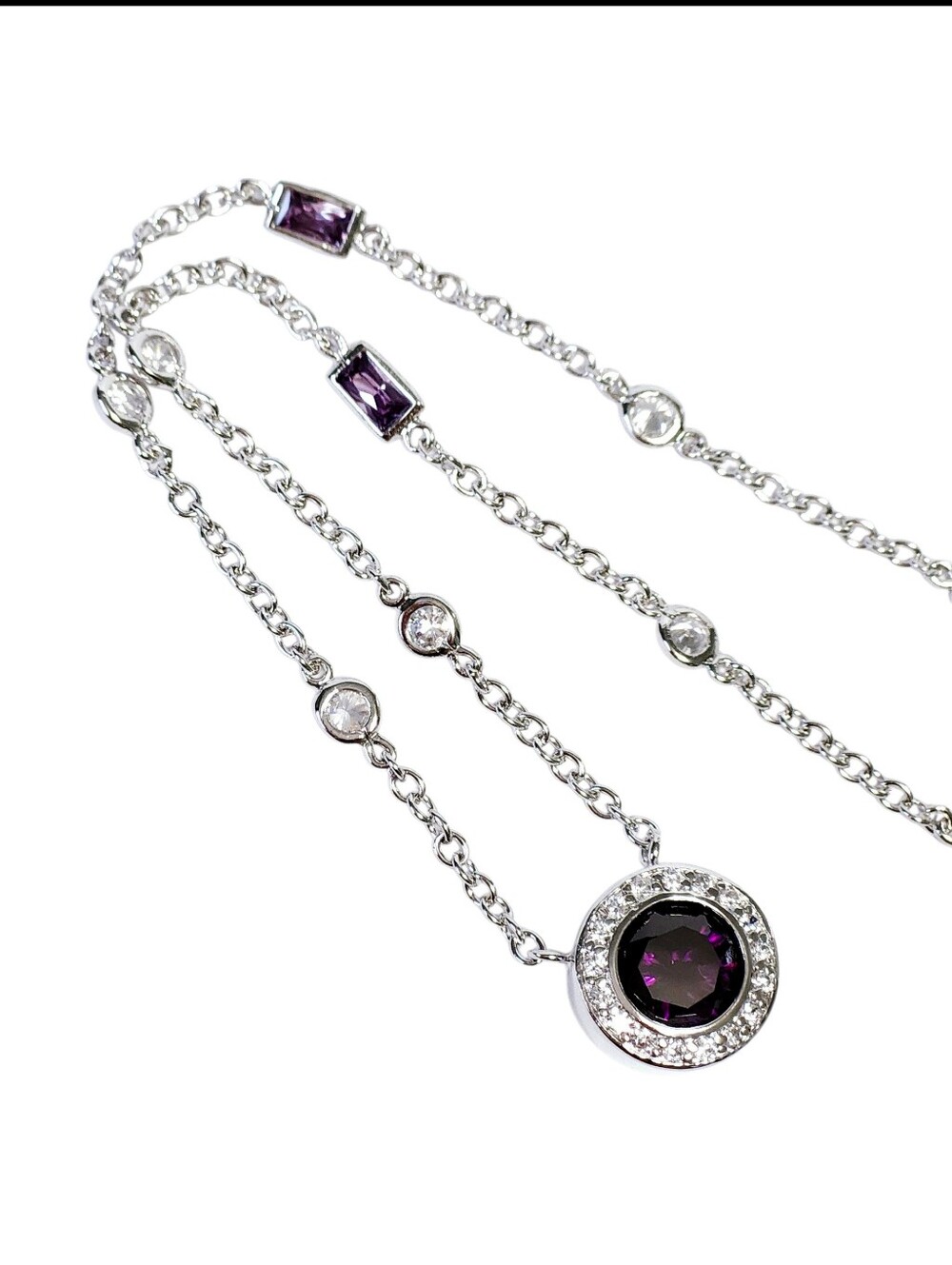 Sterling Silver Amethyst cz Pendant Stationery Necklace 16"